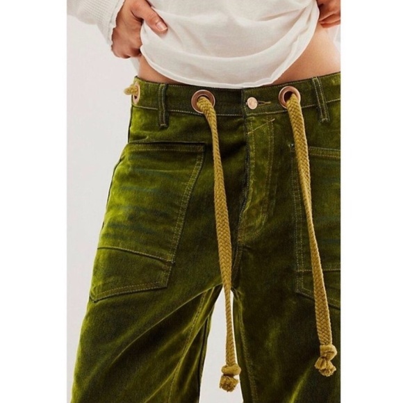 We The Free People Flocked Moxie Barrel Jeans Green Lime - Picture 3 of 3